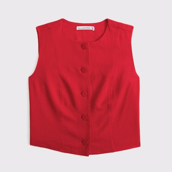 Abercrombie & Fitch Cropped Linen-Blend Button-Through Vest | Red | Size Medium - Picture 3 of 4